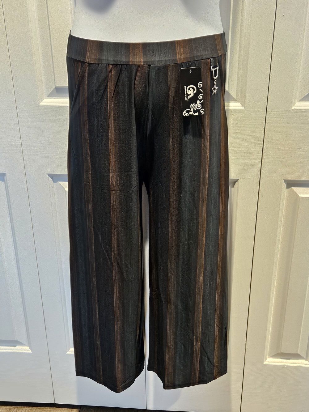 Women's Black, Green and Rust Striped Wide-Leg Pants